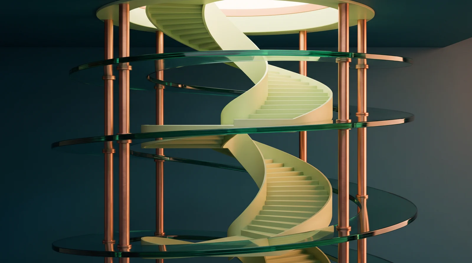 An ascending architectural spiral representing learning and leadership capability