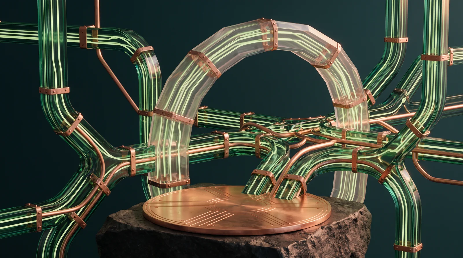 Emerald digital pathways through a transparent gateway grounded in a copper decision platform