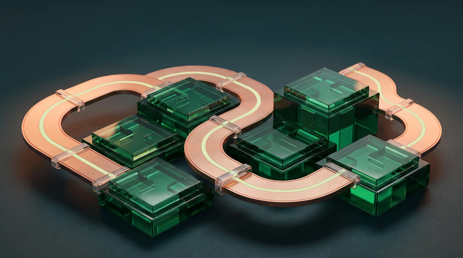 Connected emerald platforms and copper walkways representing end-to-end processes