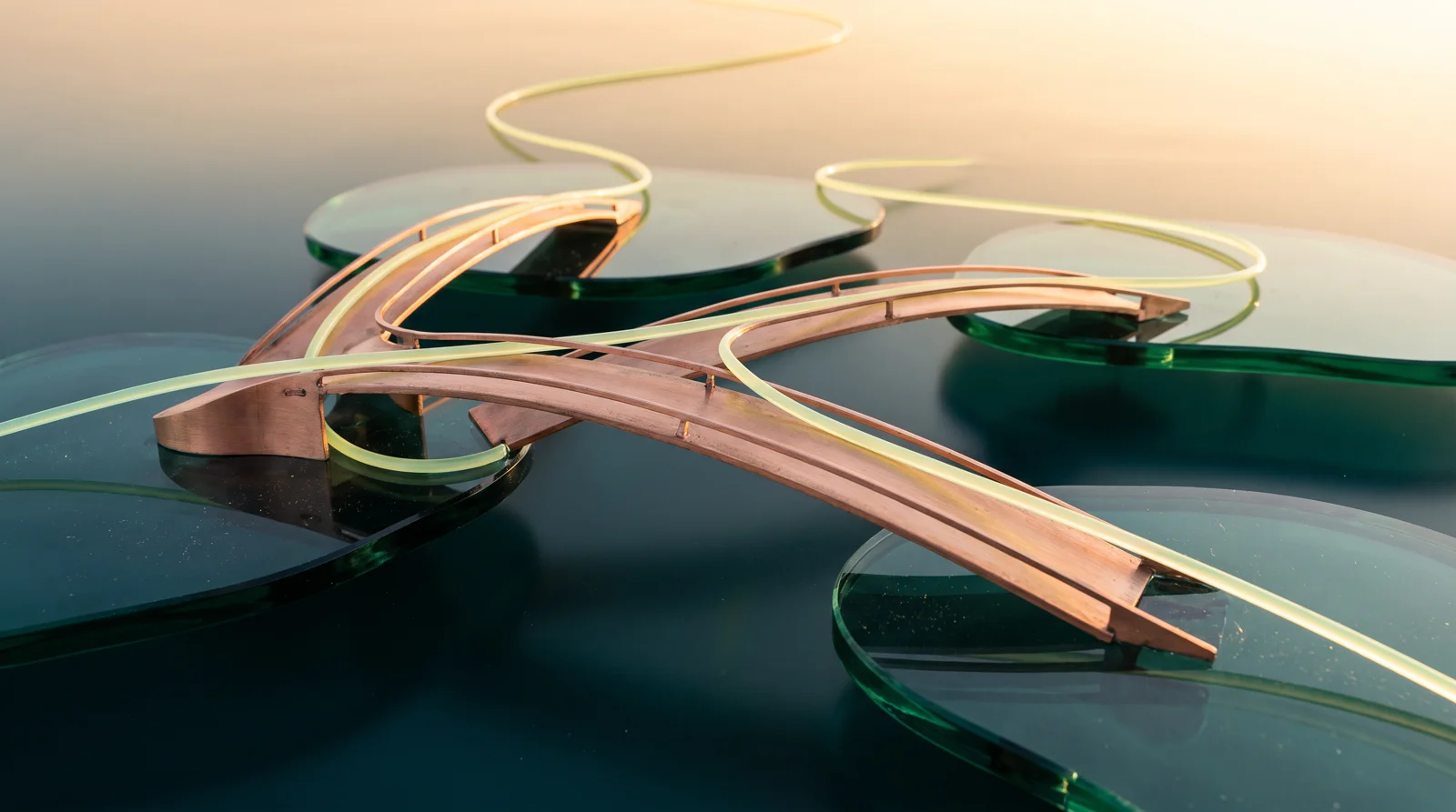 Copper bridges connecting emerald platforms into one continuous route